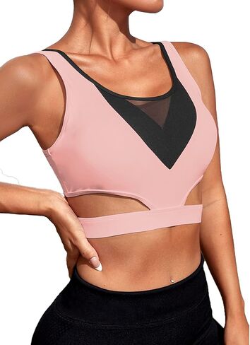 Milumia Women Contrast Mesh Cut Out Sport Bra Padded Workout Running Yoga Bras Crop Tanks in Saudi Arabia