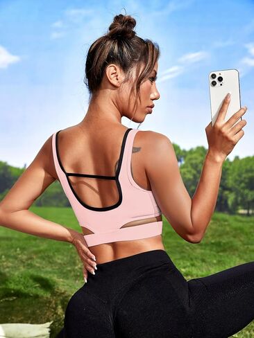 Milumia Women Contrast Mesh Cut Out Sport Bra Padded Workout Running Yoga Bras Crop Tanks in Saudi Arabia