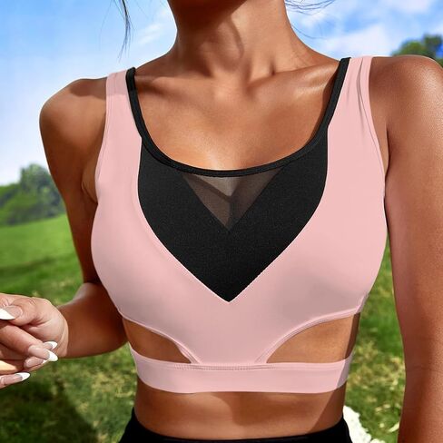 Milumia Women Contrast Mesh Cut Out Sport Bra Padded Workout Running Yoga Bras Crop Tanks in Saudi Arabia