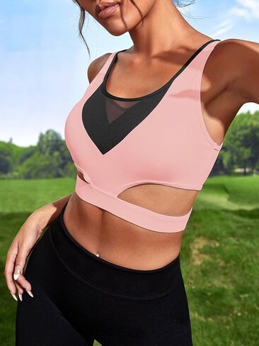 Milumia Women Contrast Mesh Cut Out Sport Bra Padded Workout Running Yoga Bras Crop Tanks in Saudi Arabia