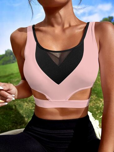 Milumia Women Contrast Mesh Cut Out Sport Bra Padded Workout Running Yoga Bras Crop Tanks in Saudi Arabia