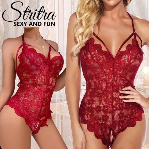 Stritra Sexy Floral Lace Bodysuit Women One Piece Lingerie Deep V Neck Teddy Mini Babydoll,Red,L in Kuwait
