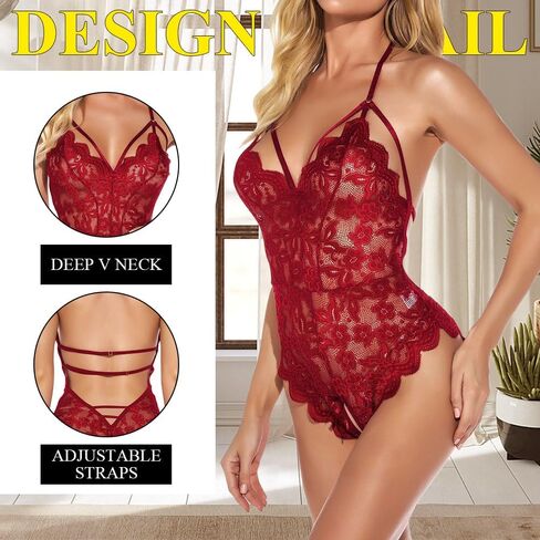 Stritra Sexy Floral Lace Bodysuit Women One Piece Lingerie Deep V Neck Teddy Mini Babydoll,Red,L in Kuwait