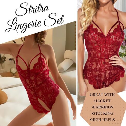 Stritra Sexy Floral Lace Bodysuit Women One Piece Lingerie Deep V Neck Teddy Mini Babydoll,Red,L in Kuwait