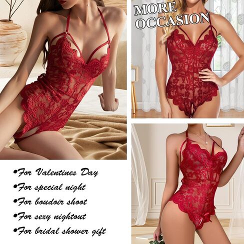 Stritra Sexy Floral Lace Bodysuit Women One Piece Lingerie Deep V Neck Teddy Mini Babydoll,Red,L in Kuwait