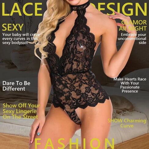 Women Sexy Deep V Lingerie Lace Teddy Lingerie One Piece Babydoll Bodysuit,Black,XXL in Kuwait