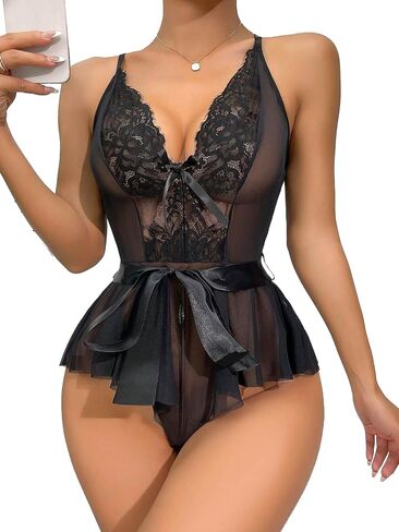 بدلة نسائية من Aossfre برقبة على شكل حرف V وربطة عنق شبكية من الدانتيل تيدي قطعة واحدة من الملابس الداخلية بيبي دول in Kuwait