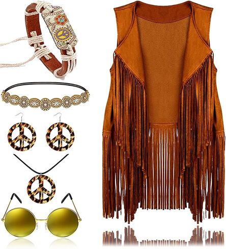 ShiChextasy Women's Light Leather Suit Set for 70's Peace Mark Item Tassel Vest 7 Piece in Saudi Arabia