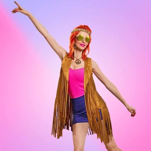 ShiChextasy Women's Light Leather Suit Set for 70's Peace Mark Item Tassel Vest 7 Piece in Saudi Arabia