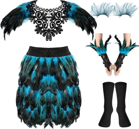 Hoosige 5 Pcs Gothic Halloween Costumes Feather Shawl Cape Faux Feather Skirt Gothic Gloves Long Socks False Eyelashes in Kuwait