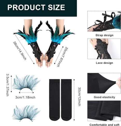 Hoosige 5 Pcs Gothic Halloween Costumes Feather Shawl Cape Faux Feather Skirt Gothic Gloves Long Socks False Eyelashes in Kuwait