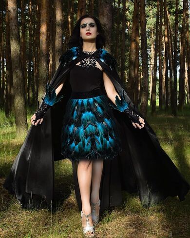 Hoosige 5 Pcs Gothic Halloween Costumes Feather Shawl Cape Faux Feather Skirt Gothic Gloves Long Socks False Eyelashes in Kuwait