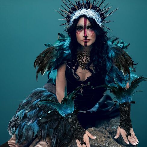 Hoosige 5 Pcs Gothic Halloween Costumes Feather Shawl Cape Faux Feather Skirt Gothic Gloves Long Socks False Eyelashes in Kuwait