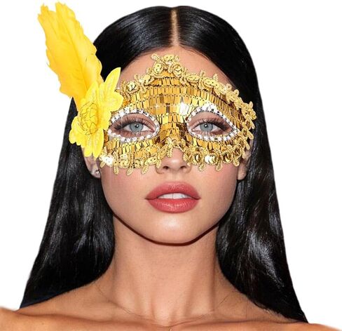 Nicute Sequin Masquerade Mask Gold Feather Venetian Half Masks Mardi Gras Sparkly Eyemask Accessories for Women and Girls in Saudi Arabia