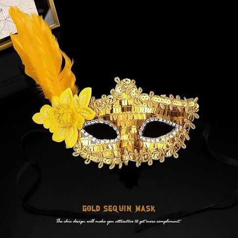 Nicute Sequin Masquerade Mask Gold Feather Venetian Half Masks Mardi Gras Sparkly Eyemask Accessories for Women and Girls in Saudi Arabia