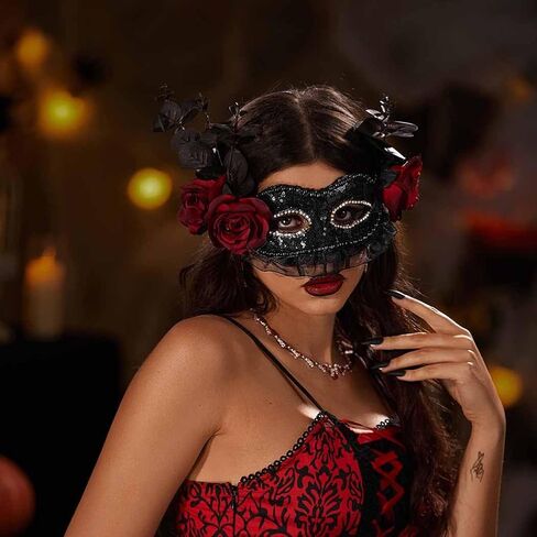 قناع تنكر الهالوين الأسود من ديلادولا للنساء، أقنعة زهرة الدانتيل لحفلات ماردي جراس in Kuwait