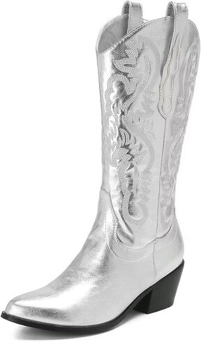 Women's Vintage Boots Fashion Wild Western Cowboy Boots Pointed Toe Chunky Heel Boots Shiny Embroidered Mid Boots（Size US 10） in Saudi Arabia