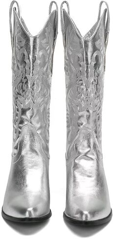 Women's Vintage Boots Fashion Wild Western Cowboy Boots Pointed Toe Chunky Heel Boots Shiny Embroidered Mid Boots（Size US 10） in Saudi Arabia
