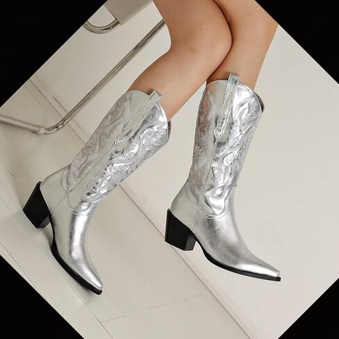 Women's Vintage Boots Fashion Wild Western Cowboy Boots Pointed Toe Chunky Heel Boots Shiny Embroidered Mid Boots（Size US 10） in Saudi Arabia