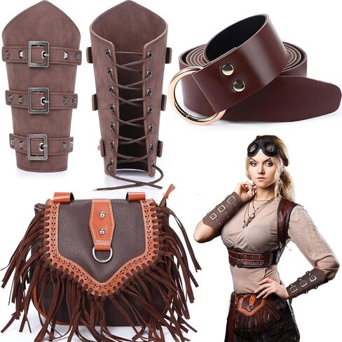 Eccliy 4 Pcs Halloween Men Medieval Faux Leather Belt Pouch Arm Guards Set Includes Renaissance Belt Knight Belt Tassel Renaissance Bag Waist Packs Leather Bracers Arm Armor Cosplay for Party Costume, in Kuwait