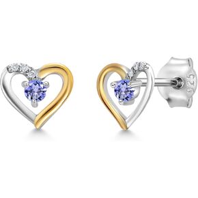 Gem Stone King 925 Sterling Silver and 10K Yellow Gold Purple Amethyst and White Lab Grown Diamond Heart Shape Earrings For Women (0.14 Cttw, Gemstone February Birthstone, Round 2.5MM)