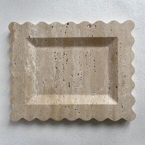 Natural Rectangle Tray, Scalloped Edge Marble Tray, Handmade Decorative Tray, Nightstand and Desk Wave Tray (Beige Travertine)