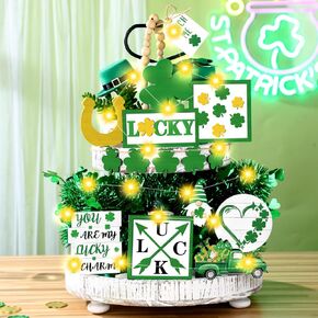 15 Pcs Easter Tiered Tray Decor Set with LED Light Bunny Carrots Table Wooden Sign Decorations Classic Tabletop Farmhouse Easter Decorations for Home Kitchen