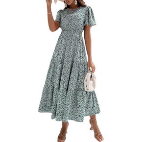 Floerns Women's Short Sleeve Boho Floral Dress A Line Smocked Midi Dress Green XXL