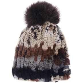surell - Rex Rabbit Fur Textile Knit Beanie with Fox Fur Pom - Warm Winter Hat
