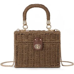 Women Handwoven Rattan Handbag Beach Straw Tote Bag Square Boho Crossbody Bag