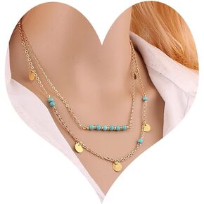 CJIAYUJEW Gold Layered Turquoise Necklace for Women Girls Dainty Layering Choker Necklace Multi Boho Turquoise Long Necklace Simple Multilayer Coin Pendant Necklace Set