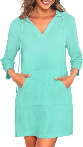 Pinup Fashion Women's Terry Cloth Swimsuit Cover Up Long Sleeve Beach Cover Up Hooded Swim Coverup with Pocket in Kuwait