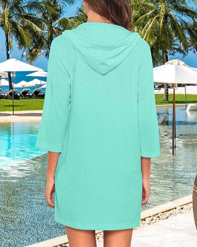 Pinup Fashion Women's Terry Cloth Swimsuit Cover Up Long Sleeve Beach Cover Up Hooded Swim Coverup with Pocket in Kuwait