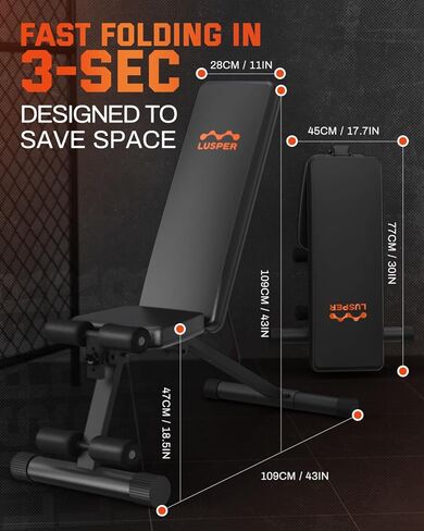 مقعد وزن قابل للتعديل من Lusper قابل للطي - مقعد تمرين ثابت بوزن 600 رطل، قابل للطي بسرعة 5 ثوانٍ ومتعدد الأغراض لتمرين الجسم بالكامل in Kuwait