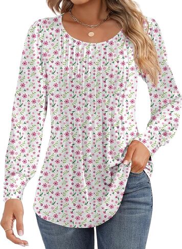 Ficerd Women's Puff Long Sleeve Tunic Tops Pleated Crew Neck Blouses Dressy Casual Loose Fit Fall and Winter Shirts in Saudi Arabia