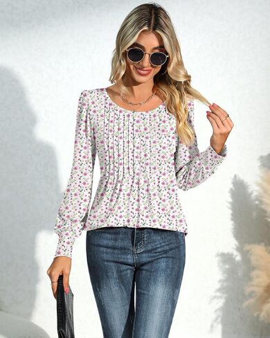 Ficerd Women's Puff Long Sleeve Tunic Tops Pleated Crew Neck Blouses Dressy Casual Loose Fit Fall and Winter Shirts in Saudi Arabia