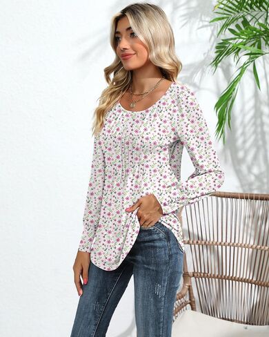 Ficerd Women's Puff Long Sleeve Tunic Tops Pleated Crew Neck Blouses Dressy Casual Loose Fit Fall and Winter Shirts in Saudi Arabia
