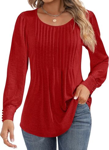 Ficerd Women's Puff Long Sleeve Tunic Tops Pleated Crew Neck Blouses Dressy Casual Loose Fit Fall and Winter Shirts in Saudi Arabia