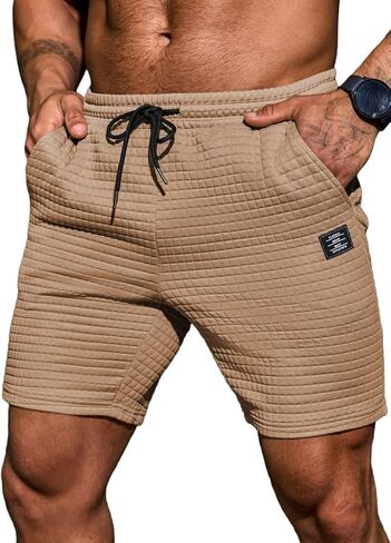 شورت رجالي كاجوال بنمط وافل بخصر مطاطي برباط للتمرين والجري مع جيبين in Kuwait