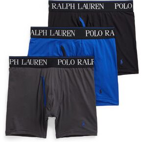 POLO RALPH LAUREN Men's 4D Flex Cooling Microfiber Boxer Briefs, Cruise Navy/Charcoal Grey/Dusk Orange SM