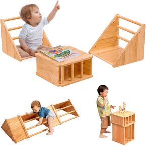 Woodtoe Montessori Weaning Table and Chair Set, Toddler Table and Chair Set, Natural Solid Wooden Kids Table Cube Chair for Boys and Girls, Montessori Furniture Birthday Gift for Children