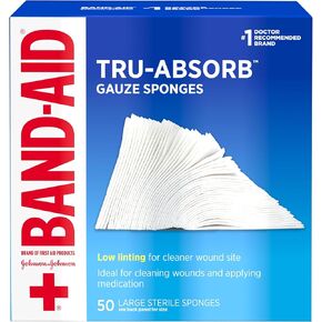 Band Aid Brand First Aid Products Tru-Absorb Sterile Gauze Sponges for Cleaning and Cushioning Minor Wounds, Cuts & Burns, Low-Lint Design, Individually Wrapped 4 in by 4 in Pads