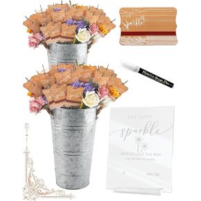 100+4 PCS Wedding Sparkle Tag & Holder Set, “Let Love Sparkle" Send-Off Card with Match Strip, Acrylic Sign & Marker Pen with 2 Galvanized Buckets, Table Decor for Anniversary Bridal Shower Exit