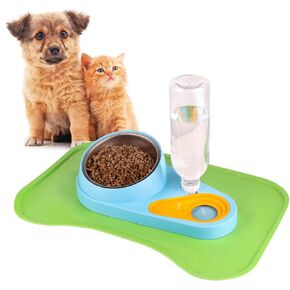 تجديد جهاز تغذية وسقي الحيوانات الأليفة، أوعية طعام مرتفعة قابلة للإمالة مع حصيرة طعام مقاومة للماء، مجموعة أوعية مياه طعام قابلة للإزالة 2 في 1 مع زجاجة مياه سيفون أوتوماتيكية سعة 500 مل للكلاب والقطط والحيوانات الصغيرة (أخضر) in Kuwait