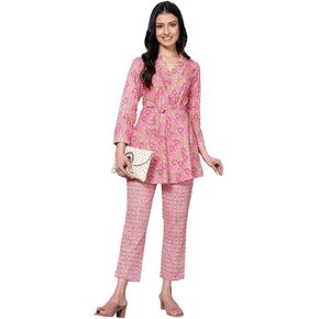 2 Piece Summer Outfits Co-ord Set with Pant & Tunic Top with Waist Tye Full Sleeves Indian Co-ord Set Pink