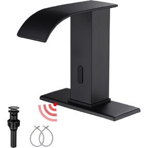 GGStudy Automatic Sensor Matte Black Touchless Bathroom Sink Faucet with Drain Assembly Vanity Faucets Hands Free Waterfall Bathroom Water Tap with Control Box and Temperature Mixer