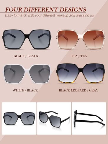 4 Pieces Oversized Square Sunglasses for Women Multicolor Flat Top Sunglasses Wide Oversized Shades in Saudi Arabia