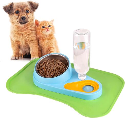 تجديد جهاز تغذية وسقي الحيوانات الأليفة، أوعية طعام مرتفعة قابلة للإمالة مع حصيرة طعام مقاومة للماء، مجموعة أوعية مياه طعام قابلة للإزالة 2 في 1 مع زجاجة مياه سيفون أوتوماتيكية سعة 500 مل للكلاب والقطط والحيوانات الصغيرة (أخضر) in Kuwait