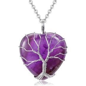 Top Plaza Natural Rose Quartz Healing Crytal Necklace Silver Tree Of Life Wire Wrapped Heart Shape Stone Pendant for Womens Girls Ladies