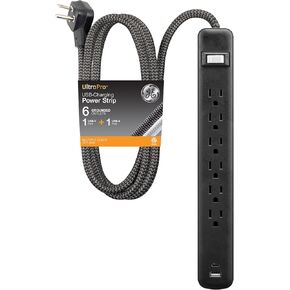 GE 6-Outlet Power Strip with USB, 6 Ft. Braided Extension Cord, 1 USB-A, 1 USB-C, for Home and Office, Black - 82595